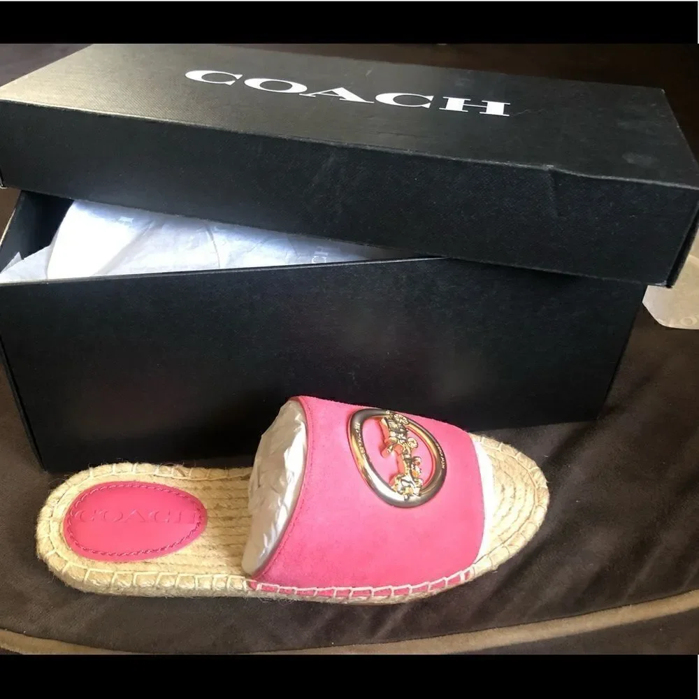 🔥NWT COACH Suede ESPAD. Size 5 Confetti Pink Slip onSignature Horse & carriage